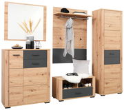 Garderoben-Set in Holzoptik mit Spiegel, Schuhschrank, Bank und Garderobenpaneel, frontal betrachtet