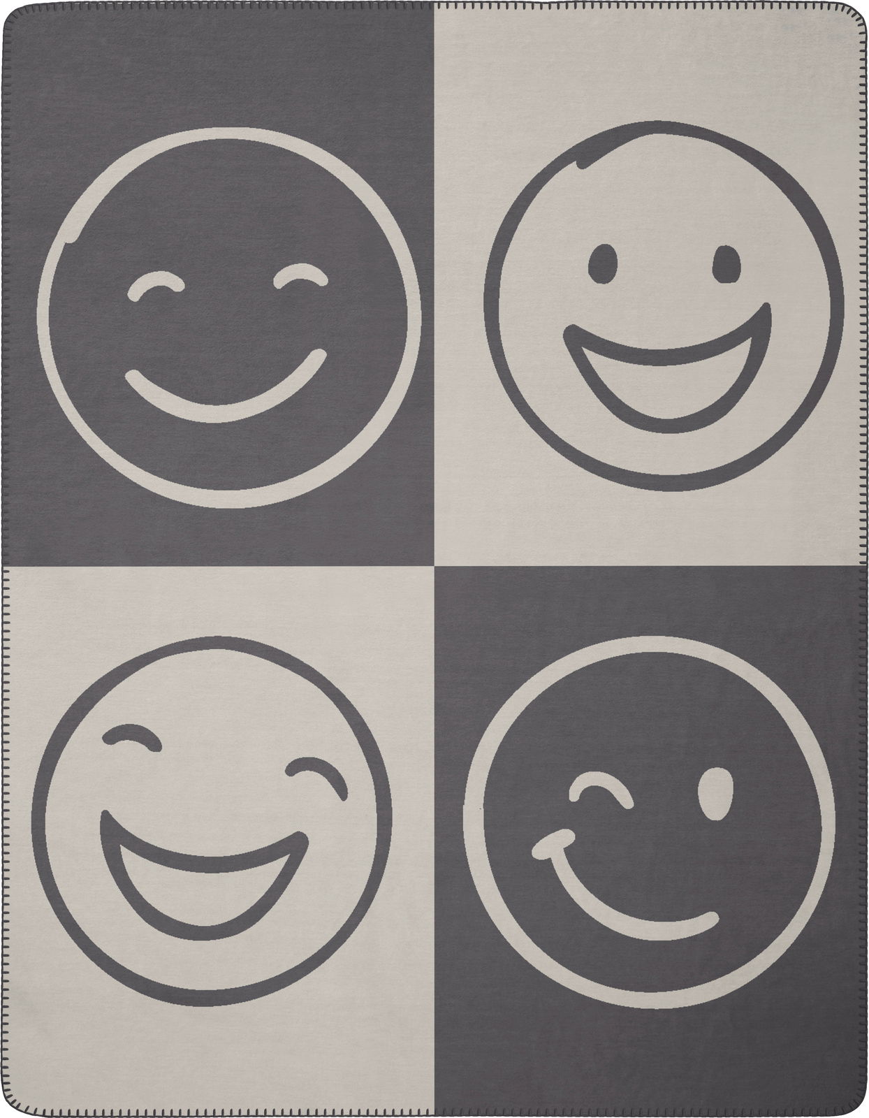 Wohndecke 150x200cm mit vier lächelnden Emoji-Motiven in quadratischer Anordnung, Draufsicht