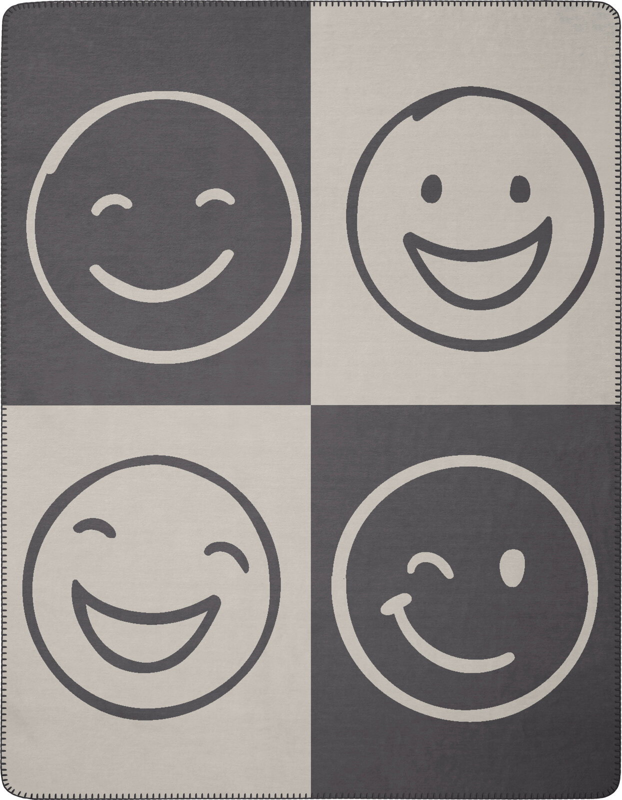 Wohndecke 150x200cm mit vier lächelnden Emoji-Motiven in quadratischer Anordnung, Draufsicht