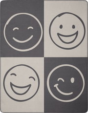 Wohndecke 150x200cm mit vier lächelnden Emoji-Motiven in quadratischer Anordnung, Draufsicht