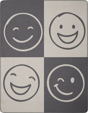 Wohndecke 150x200cm mit vier lächelnden Emoji-Motiven in quadratischer Anordnung, Draufsicht