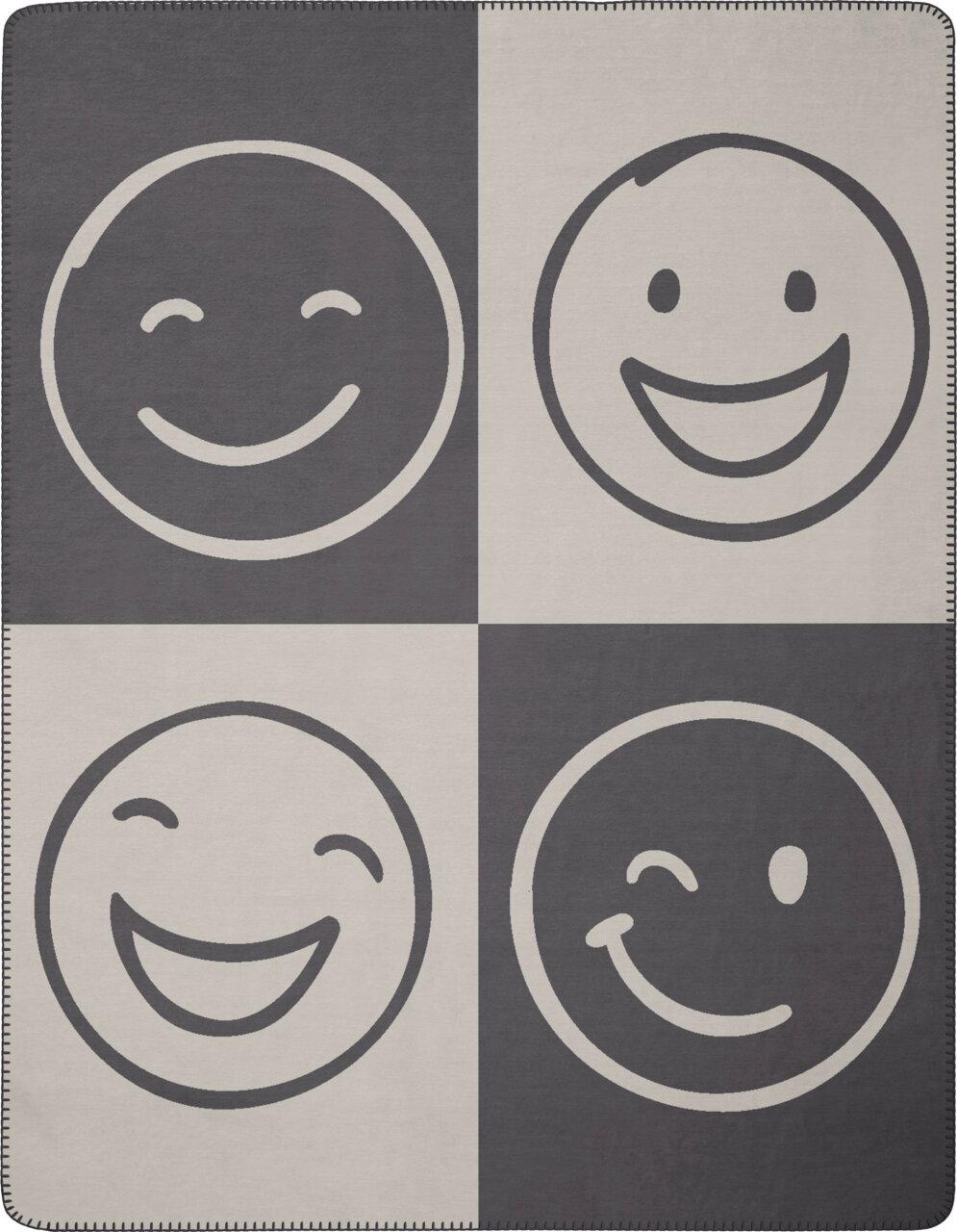 Woonkleed 150 x 200 cm met vier lachende emoji-motieven in een vierkante opstelling, bovenaanzicht