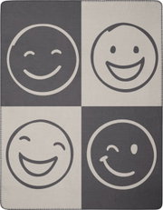 Woonkleed 150 x 200 cm met vier lachende emoji-motieven in een vierkante opstelling, bovenaanzicht