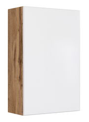 Hängeschrank mit weißer Front und Holzseite, seitliche Perspektive