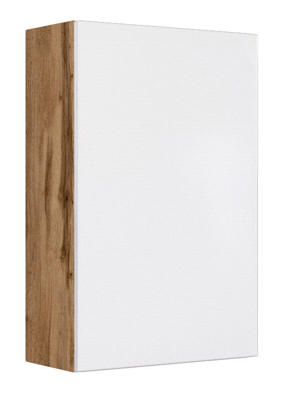 Hängeschrank mit weißer Front und Holzseite, seitliche Perspektive