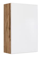 Hängeschrank mit weißer Front und Holzseite, seitliche Perspektive