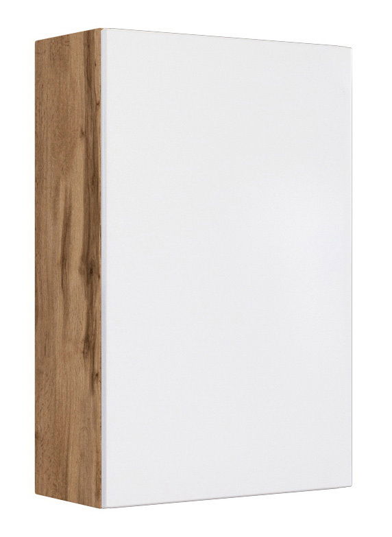 Hängeschrank mit weißer Front und Holzseite, seitliche Perspektive