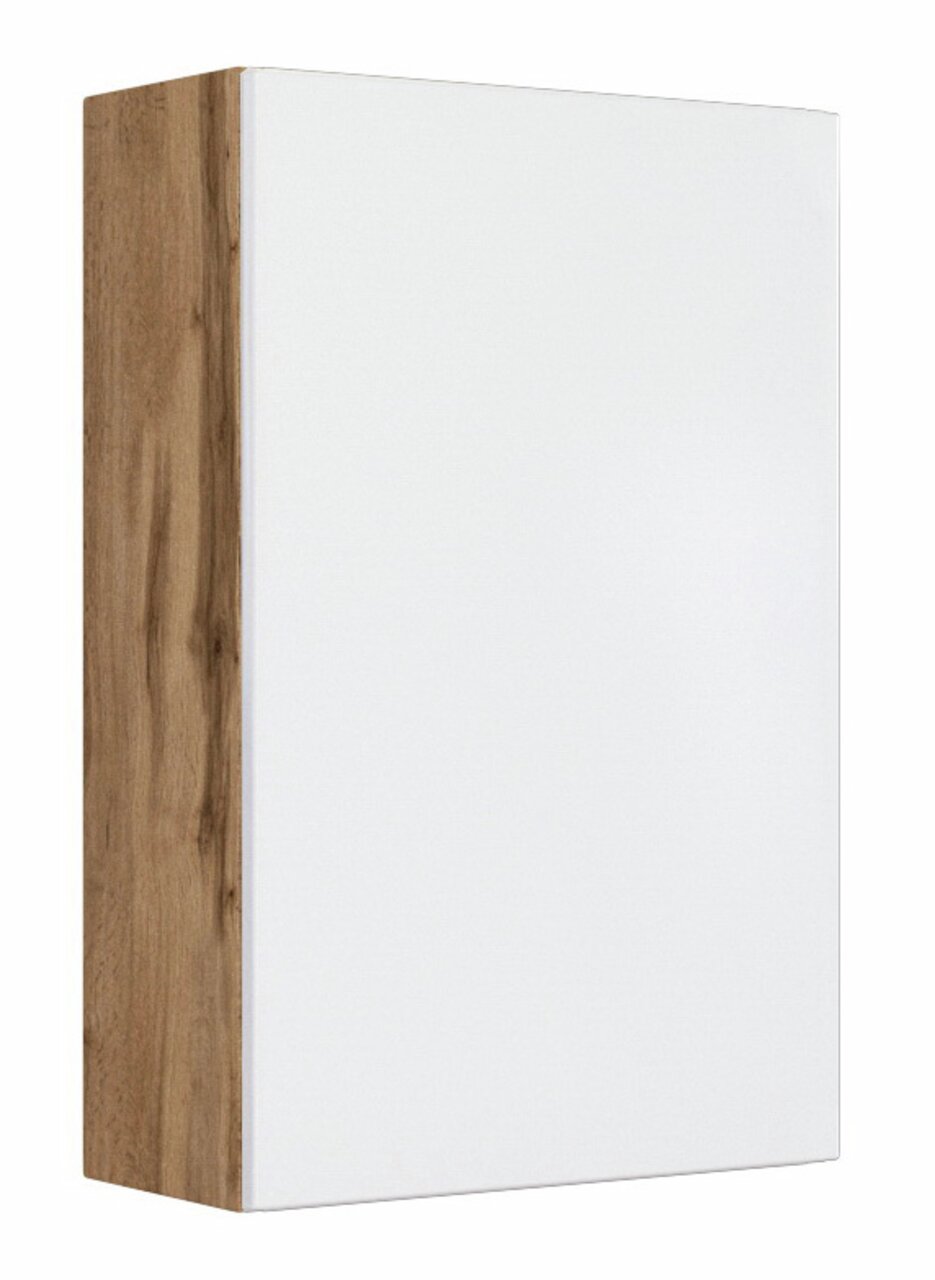 Hängeschrank mit weißer Front und Holzseite, seitliche Perspektive