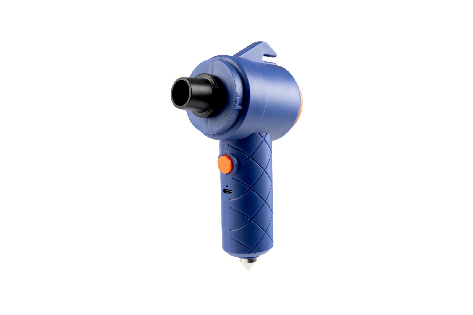 Blauer Handstaubsauger mit orangenem Knopf, seitliche Perspektive