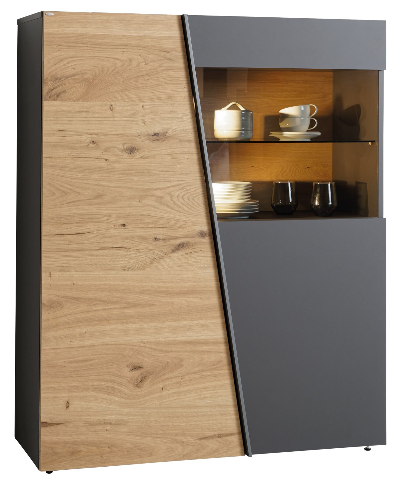 Voglauer Highboard BEZATONO LIVING Modernes Highboard mit Holz- und Glaselementen, seitliche Perspektive