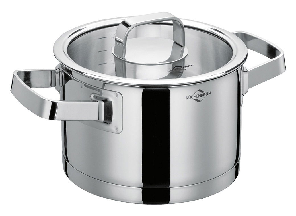 Edelstahl Kochtopf SAN REMO 16 cm mit Glasdeckel und seitlichen Griffen, seitliche Perspektive