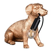 Tischleuchte in Form eines sitzenden Hundes aus goldfarbenem Material, der eine Glühbirne im Maul hält, seitliche Perspektive
