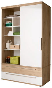 Schiebetürenschrank aus Holz mit weißer Tür, offene Regale mit Handtüchern und Körben, Frontansicht