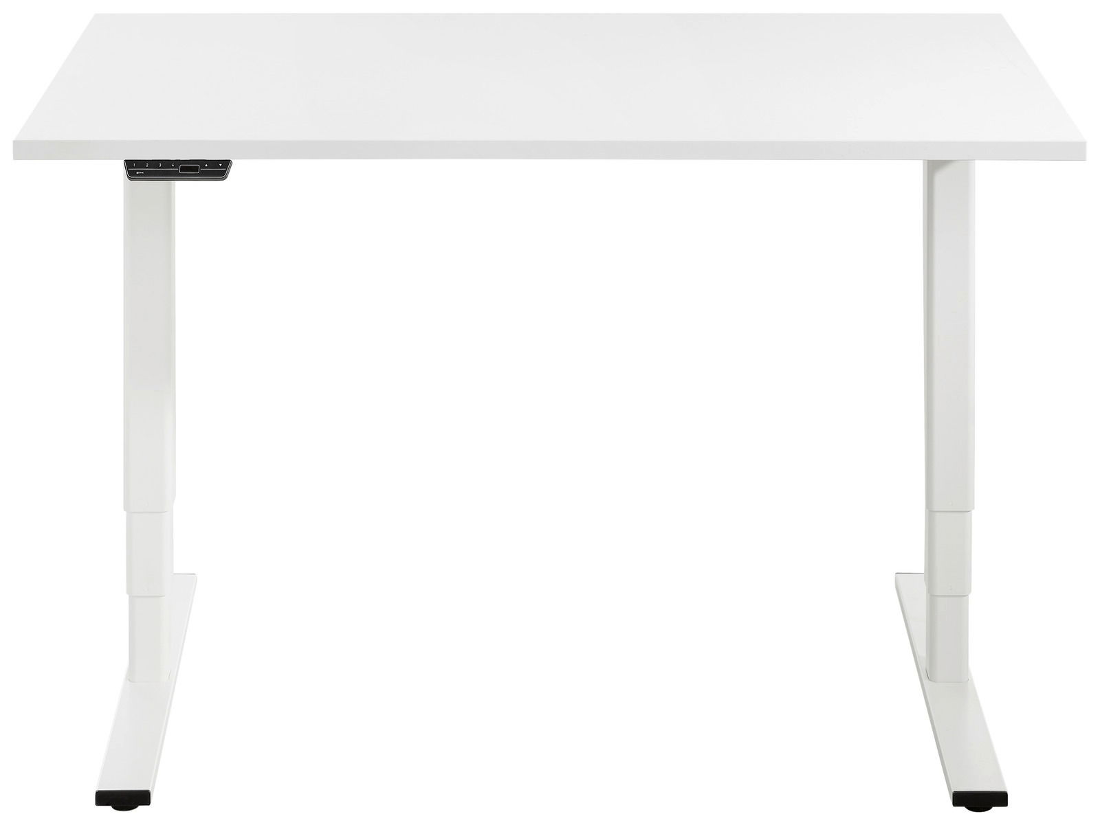 Weißer E-Schreibtisch der Serie EFLEX von Voleo, frontal betrachtet, mit höhenverstellbaren Beinen.