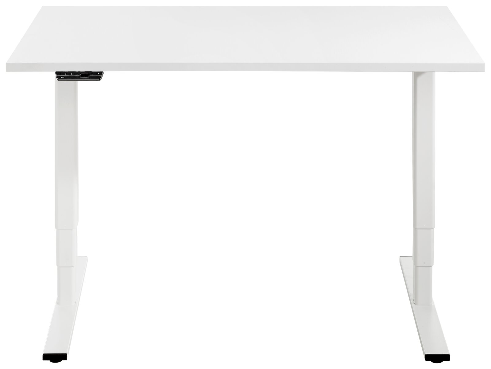 Weißer E-Schreibtisch der Serie EFLEX von Voleo, frontal betrachtet, mit höhenverstellbaren Beinen.