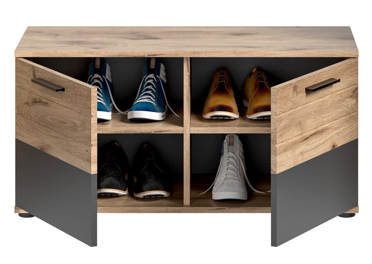 Sitzbank aus Holz mit offenen Türen, die mehrere Paar Schuhe in Fächern zeigt, aus frontaler Perspektive.