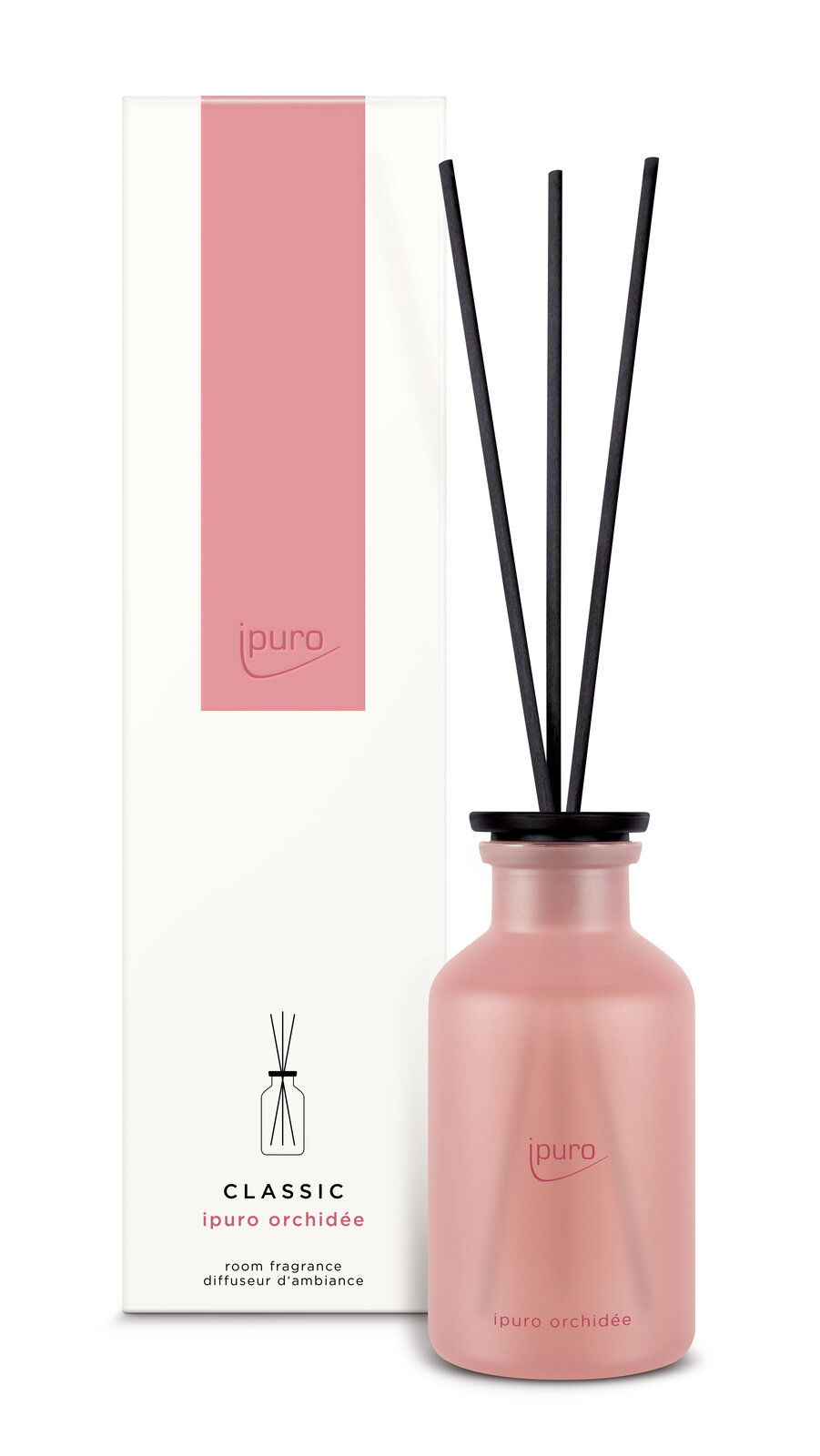 Ipuro Classic Orchidee Raumduft mit rosa Flasche und schwarzen Duftstäbchen, frontal abgebildet neben der Verpackung.
