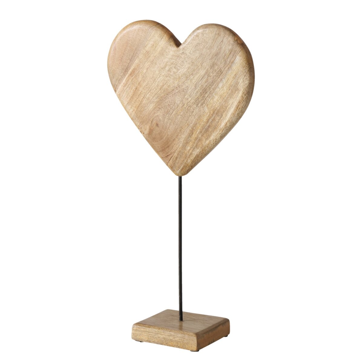 Holz-Dekoaufsteller in Herzform auf einem Metallstab mit quadratischem Sockel, frontal betrachtet.