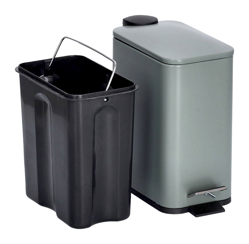 Treteimer 5 Liter mit Soft Close Funktion, grauer Korpus mit herausnehmbarem schwarzen Inneneimer, seitliche Perspektive