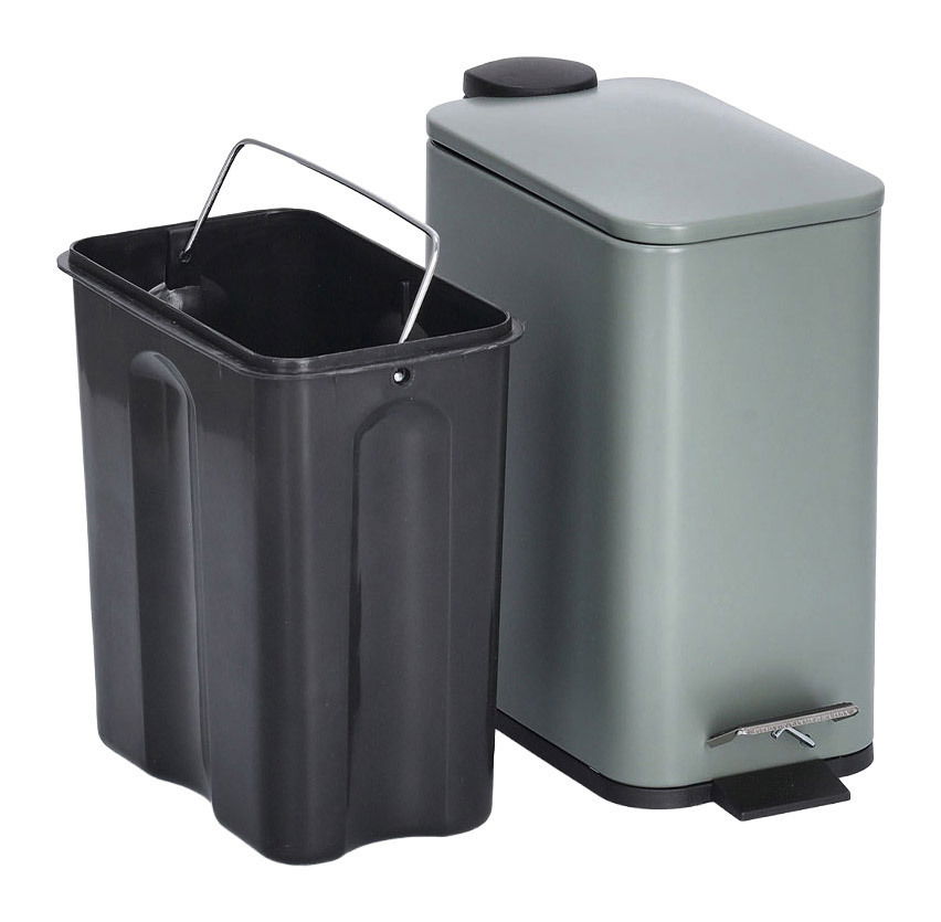 Treteimer 5 Liter mit Soft Close Funktion, grauer Korpus mit herausnehmbarem schwarzen Inneneimer, seitliche Perspektive