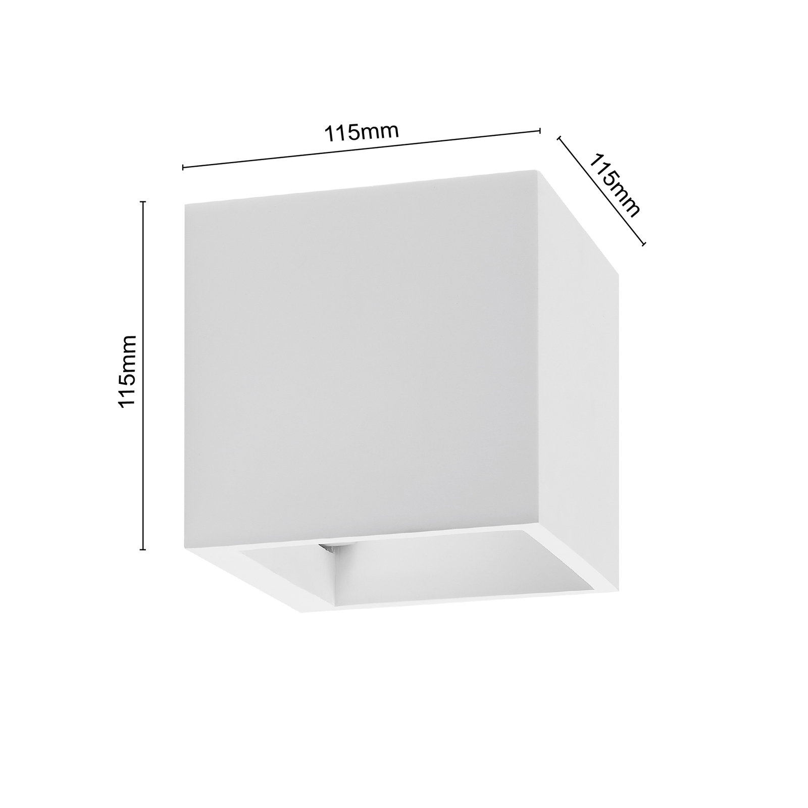 Weiße, kubische Wandleuchte aus der Seitenperspektive mit den Maßen 115mm x 115mm x 115mm