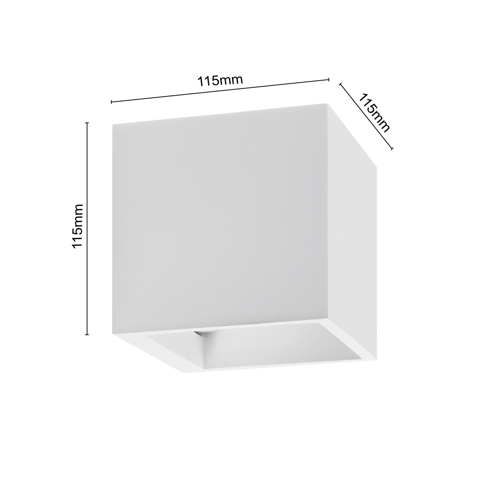 Weiße, kubische Wandleuchte aus der Seitenperspektive mit den Maßen 115mm x 115mm x 115mm