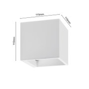 Weiße, kubische Wandleuchte aus der Seitenperspektive mit den Maßen 115mm x 115mm x 115mm