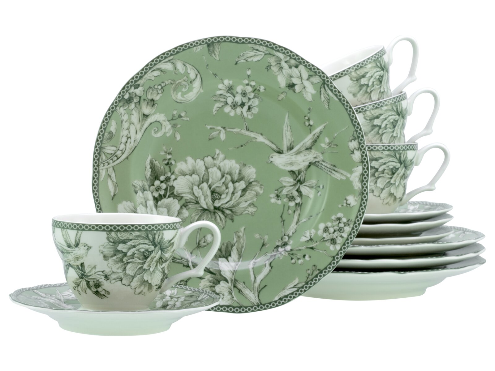 Grün-weißes Porzellan-Kaffeeservice mit floralen Vogelmotiven (Tassen, Untertassen und Teller), frontal in leichter Seitenansicht auf weißem Hintergrund