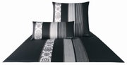 Kissenbezug in Schwarz und Grau mit Streifen- und Blumenmuster, frontal abgebildet.