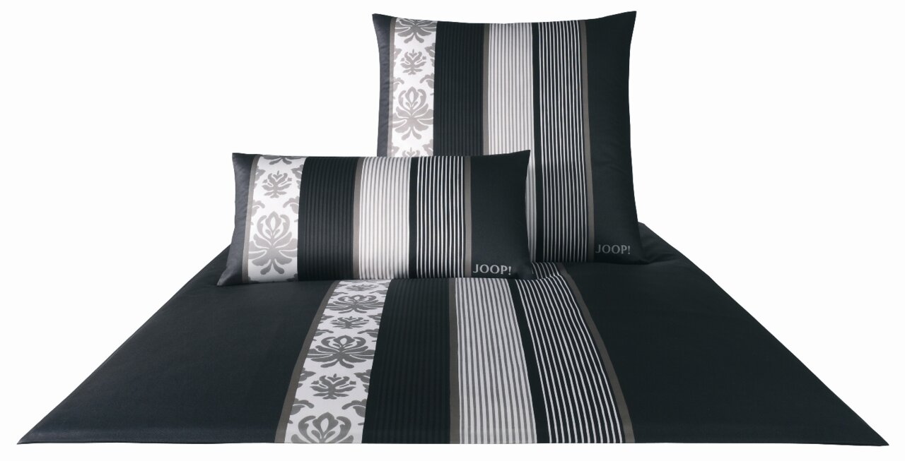Kissenbezug in Schwarz und Grau mit Streifen- und Blumenmuster, frontal abgebildet.