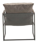 Rückansicht eines Lounge-Sessels mit grauem Metallrahmen und gepolstertem Rückenkissen.