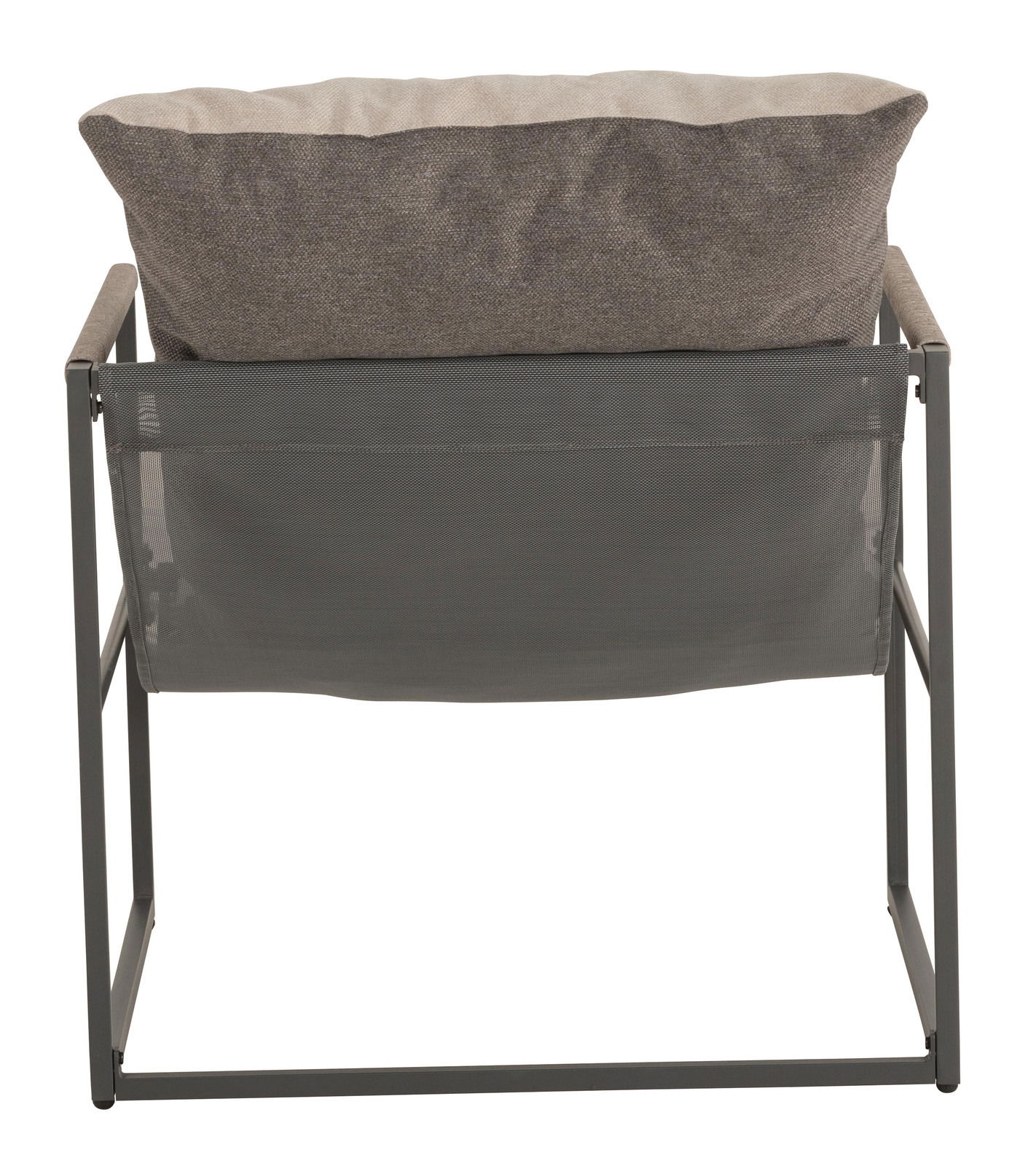 Rückansicht eines Lounge-Sessels mit grauem Metallrahmen und gepolstertem Rückenkissen.