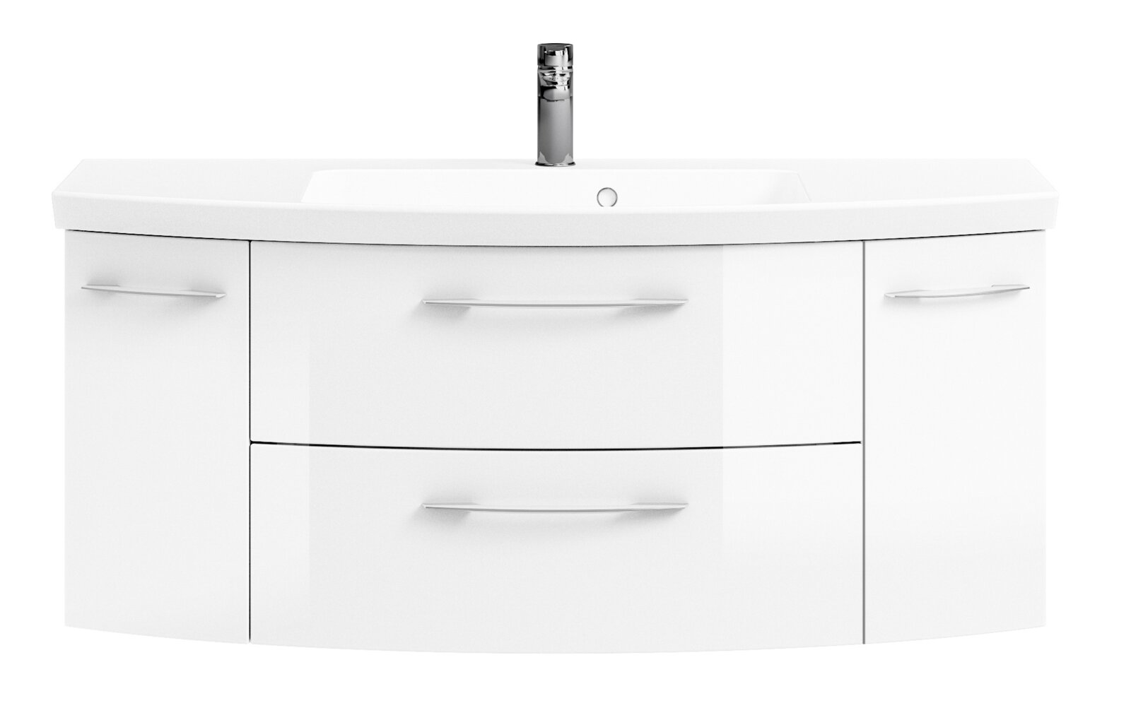 Moderne witte wastafel met twee lades en zijdeuren, vooraanzicht