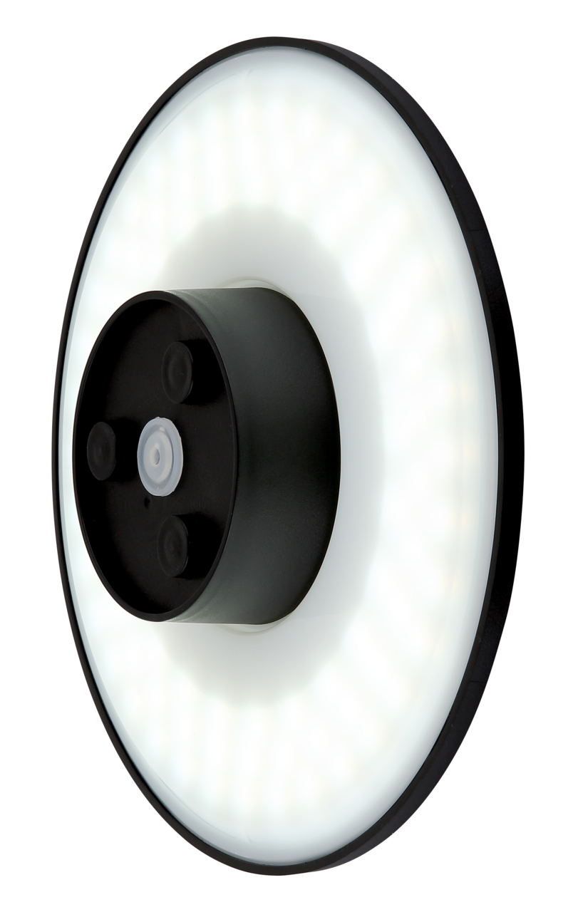 LED-Außenwandleuchte in seitlicher Perspektive mit rundem, leuchtendem Design und schwarzem Gehäuse.