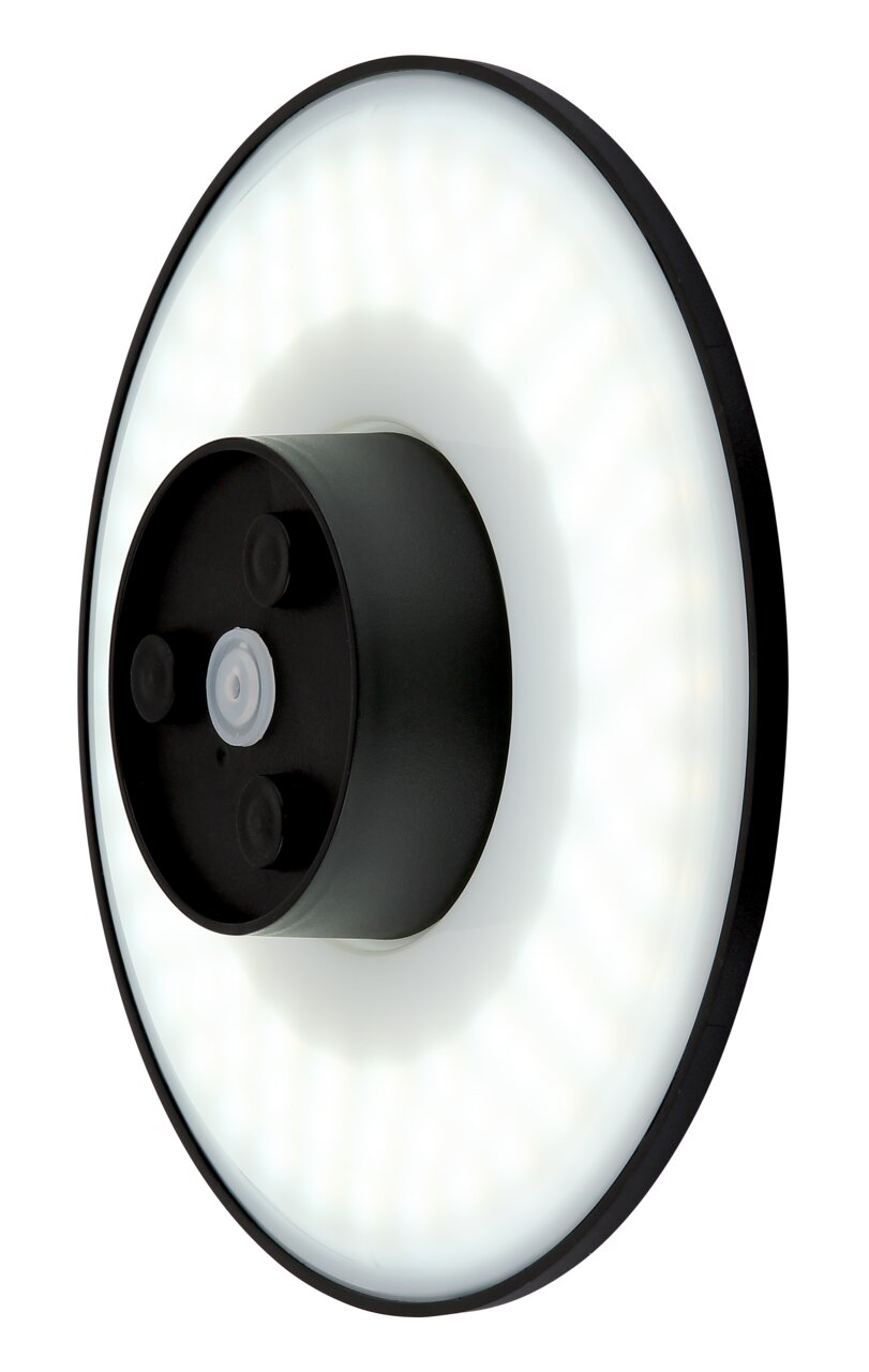 LED-Außenwandleuchte in seitlicher Perspektive mit rundem, leuchtendem Design und schwarzem Gehäuse.