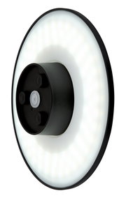 LED-Außenwandleuchte in seitlicher Perspektive mit rundem, leuchtendem Design und schwarzem Gehäuse.