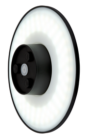 LED-Außenwandleuchte in seitlicher Perspektive mit rundem, leuchtendem Design und schwarzem Gehäuse.