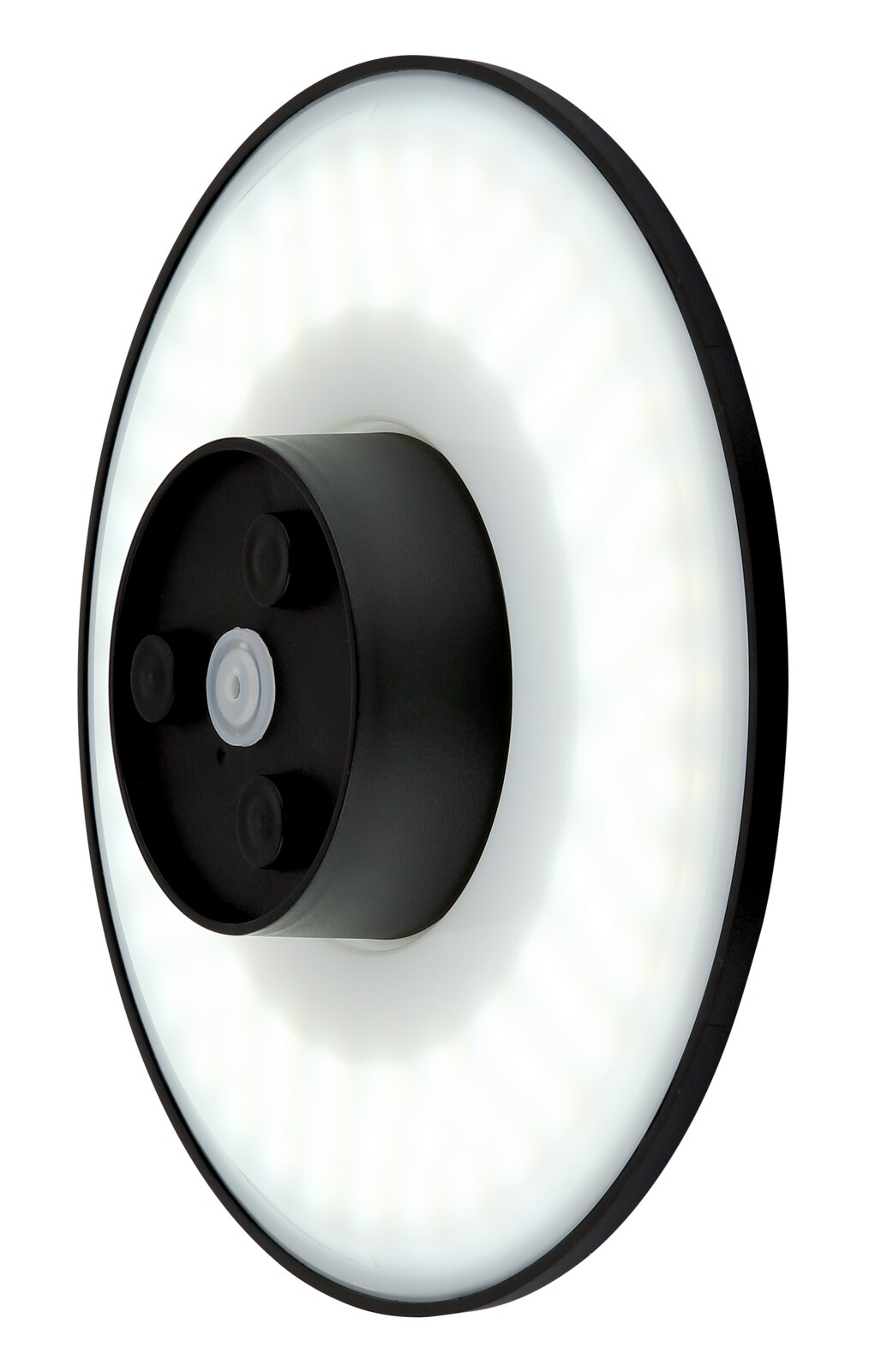 LED-Außenwandleuchte in seitlicher Perspektive mit rundem, leuchtendem Design und schwarzem Gehäuse.