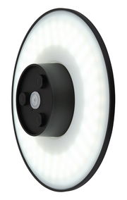 LED-Außenwandleuchte in seitlicher Perspektive mit rundem, leuchtendem Design und schwarzem Gehäuse.