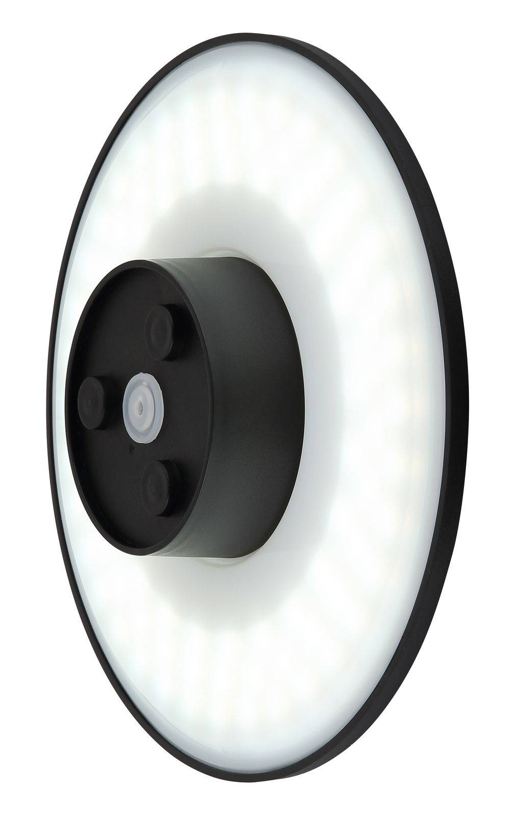 LED-Außenwandleuchte in seitlicher Perspektive mit rundem, leuchtendem Design und schwarzem Gehäuse.