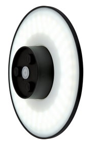LED-Außenwandleuchte in seitlicher Perspektive mit rundem, leuchtendem Design und schwarzem Gehäuse.