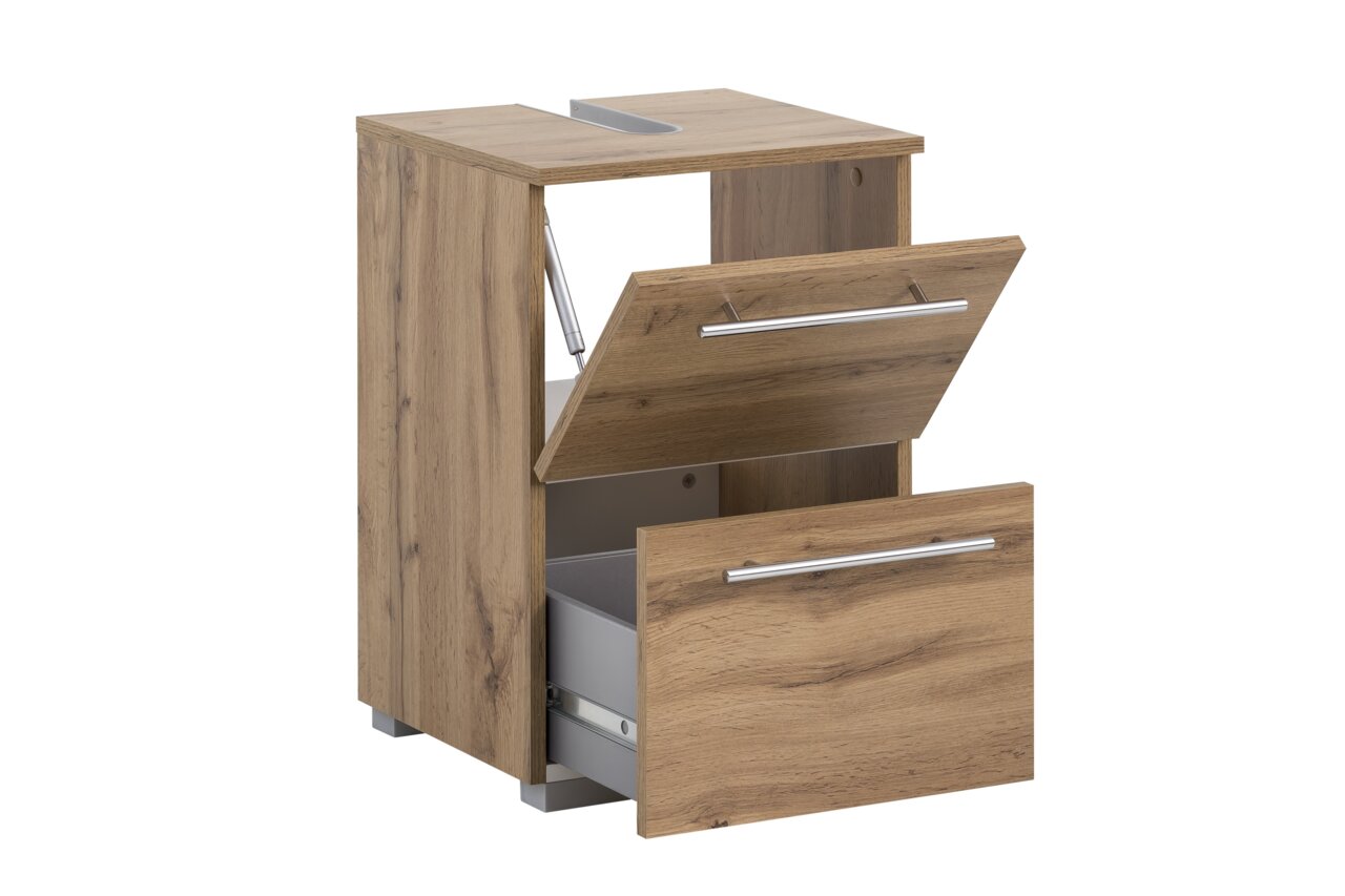 Waschbeckenunterschrank aus Holz mit zwei Schubladen, Frontansicht