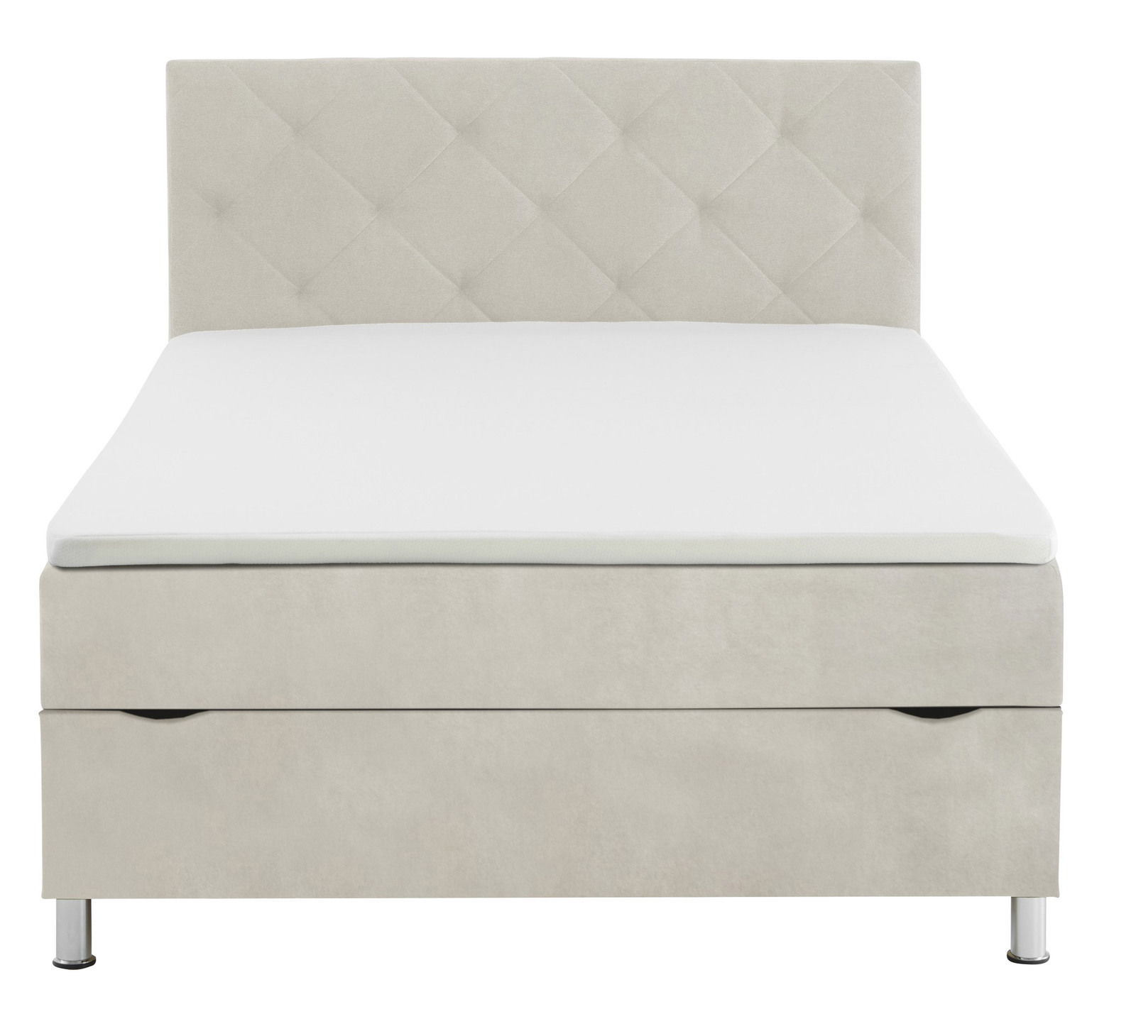 Boxbett in Beige mit gestepptem Kopfteil, Frontalansicht