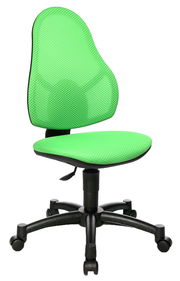 Grüner Drehstuhl mit Netzrückenlehne und Sitzfläche, seitliche Perspektive