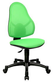 Grüner Drehstuhl mit Netzrückenlehne und Sitzfläche, seitliche Perspektive