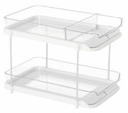 Zweistöckiges Etagenregal aus transparentem Kunststoff mit weißem Rahmen, seitliche Perspektive