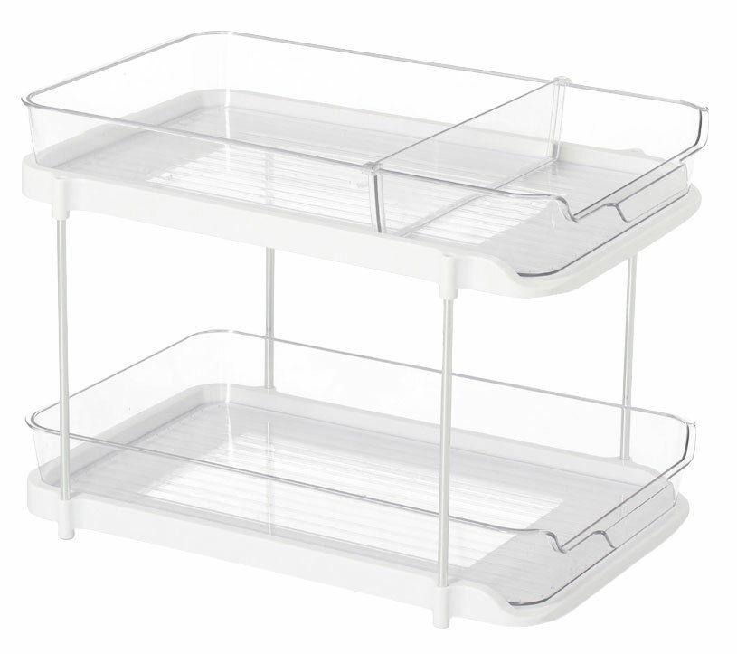 Zweistöckiges Etagenregal aus transparentem Kunststoff mit weißem Rahmen, seitliche Perspektive