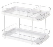 Zweistöckiges Etagenregal aus transparentem Kunststoff mit weißem Rahmen, seitliche Perspektive