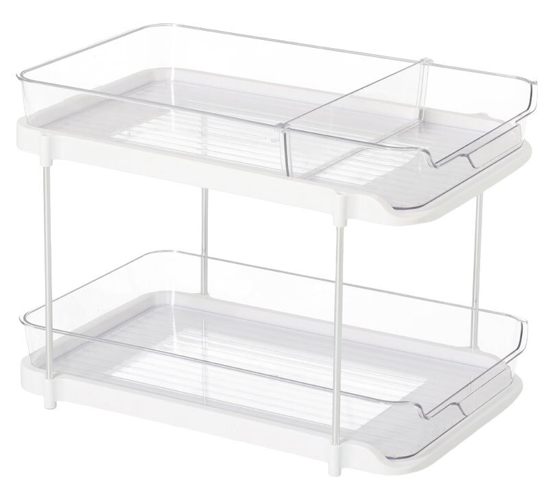 Zweistöckiges Etagenregal aus transparentem Kunststoff mit weißem Rahmen, seitliche Perspektive
