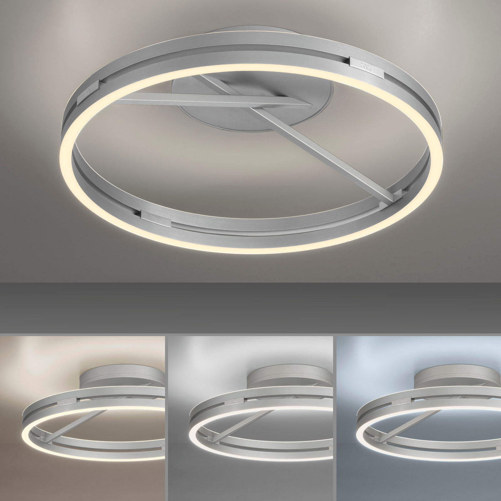 Moderne Deckenleuchte PURE Loop in silberner Optik, von unten betrachtet, mit kreisförmigem LED-Licht.
